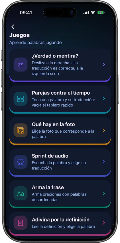 Lista de juegos en la app VibeLing