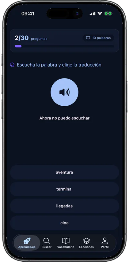 Pantalla principal de VibeLing con una sesión de entrenamiento disponible