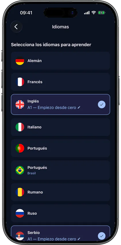 Pantalla de selección del idioma de aprendizaje en la app VibeLing