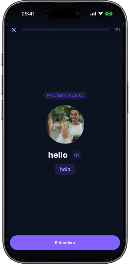 Paso de la lección que presenta una palabra nueva en la app VibeLing