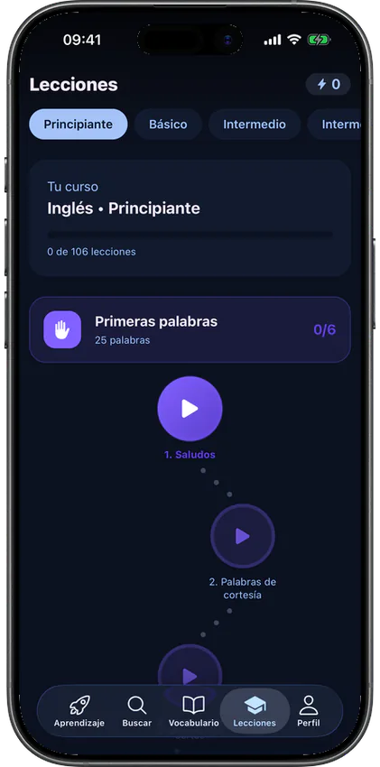 Recorrido del curso de lecciones en la app VibeLing