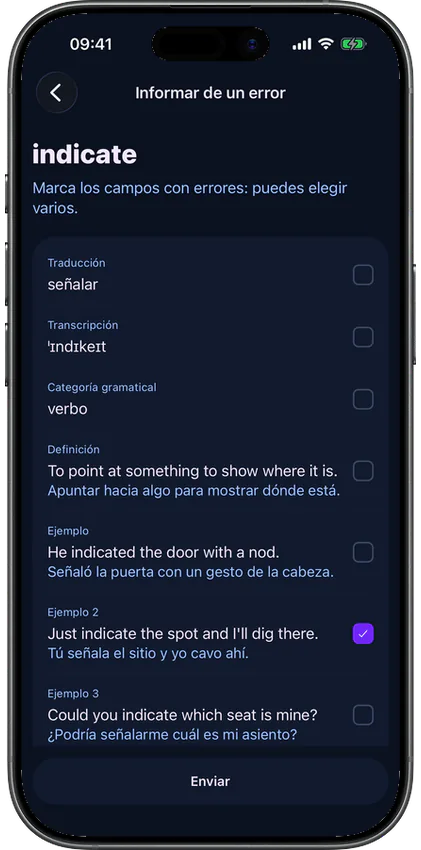 Formulario para informar de un error en una tarjeta de palabra en la app VibeLing
