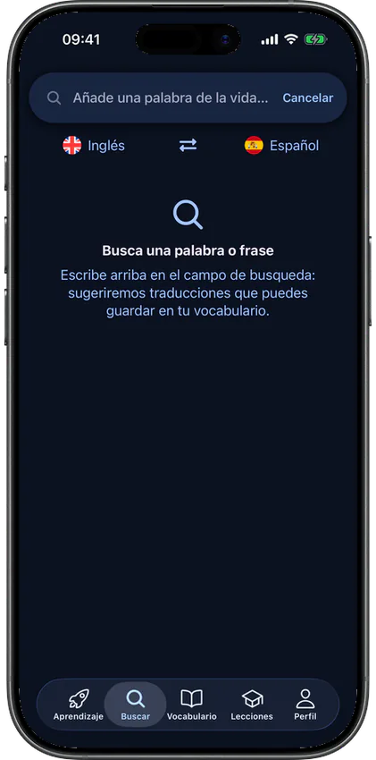 Pantalla de búsqueda de palabras o frases en la app VibeLing