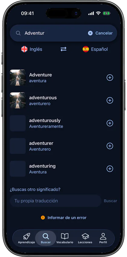 Pantalla de resultados de sugerencias de palabras en la app VibeLing