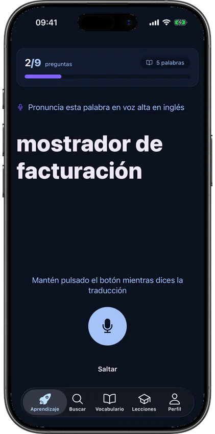 Ejercicio de pronunciación en la aplicación VibeLing