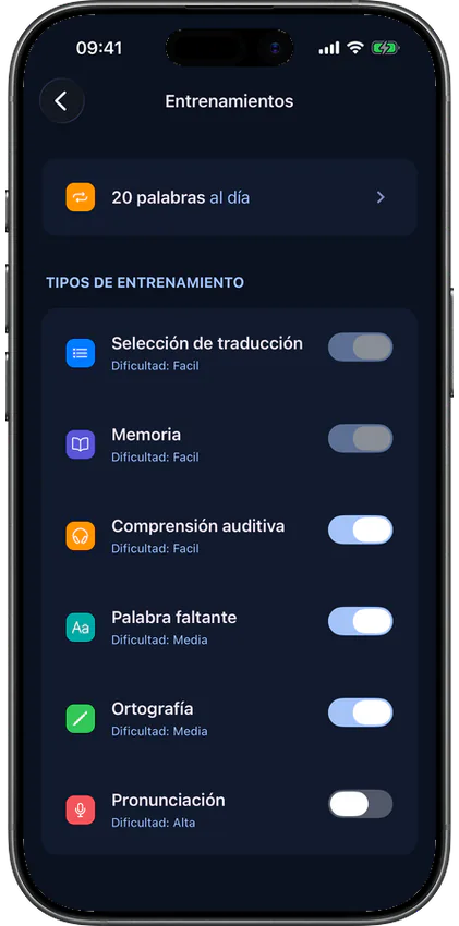 Pantalla de ajustes de entrenamiento en la app VibeLing