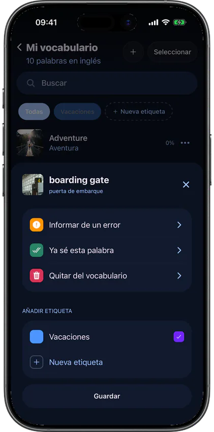 Menú de acciones de una palabra en el vocabulario de VibeLing